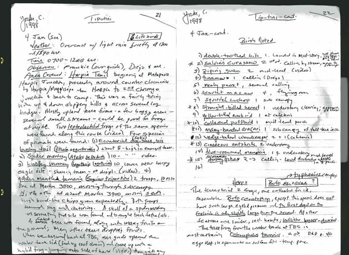 sample pages from Dr. Yorke's field notes from Tiputini, Ecuador