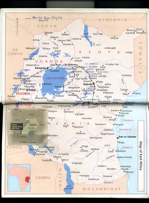map showing travel route of class through Kenya, Tanzania and Uganda