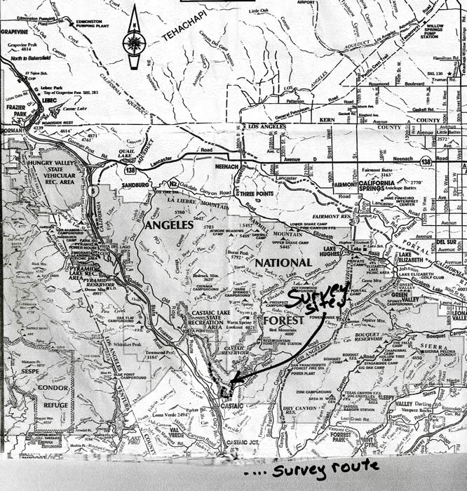 Area map showing location of Castaic Lagoon and Lake survey site and route. Elev. approx. 1000 ft. © Compass Maps